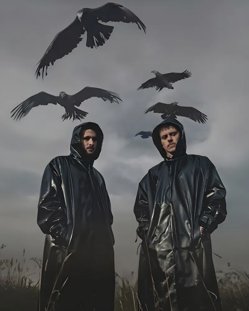 El dúo de campera de cuero con cuervos volando encima