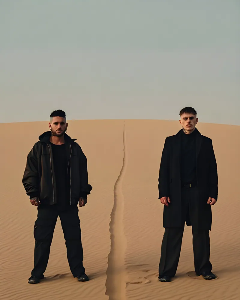 El dúo parado en el desierto junto a una huella en la arena