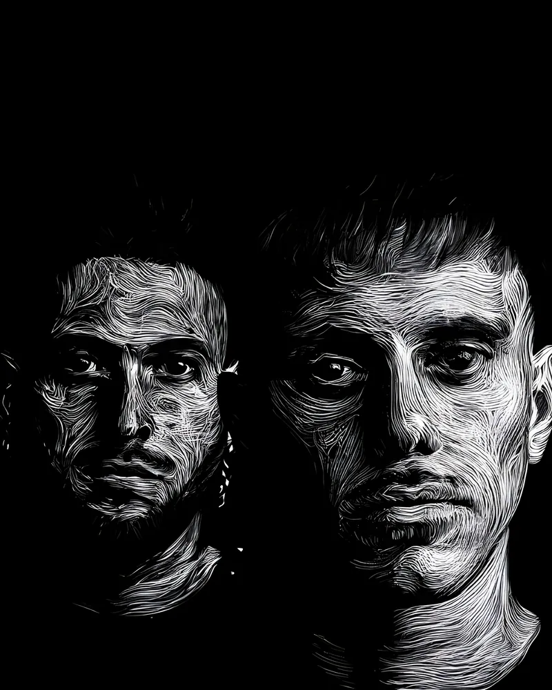 Retratos del dúo dibujados a mano sobre fondo negro