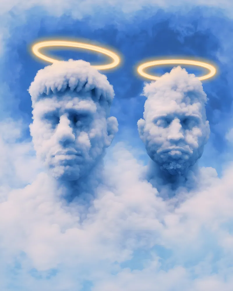 Dos cabezas hechas de nube con halos en el cielo